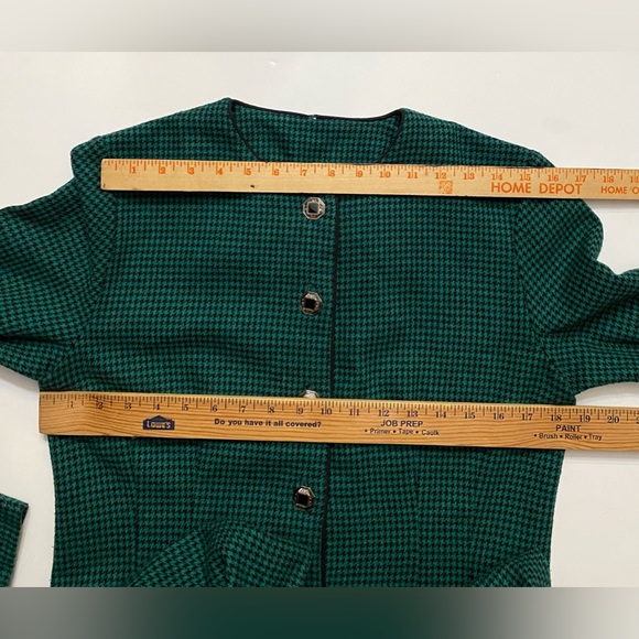 Vintage Wool Dress Houndstooth Pattern Black Green Long Sleeve Tailored M - Picture 8 of 15